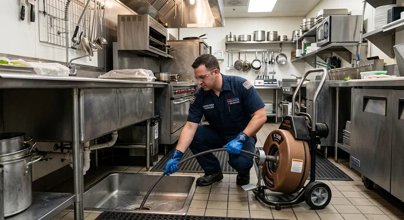 Commercial drain cleaning service in a restaurant kitchen in Georgetown