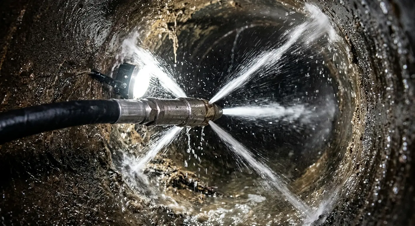 High-pressure hydro jetting nozzle cleaning sewer pipe for Emergency Drain Service in Georgetown