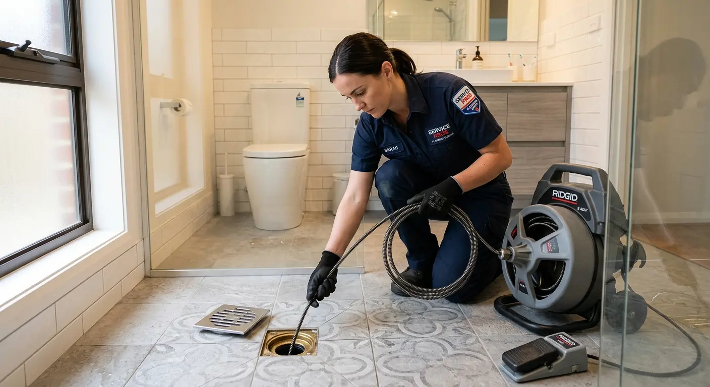 Technician clearing a bathroom floor drain for Sewer Line Replacement in Georgetown